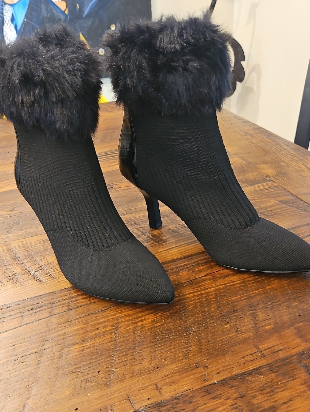 Adrienne Vittadini Black Faux-Fur Trim Sock Booties - Women's Fashion Heels